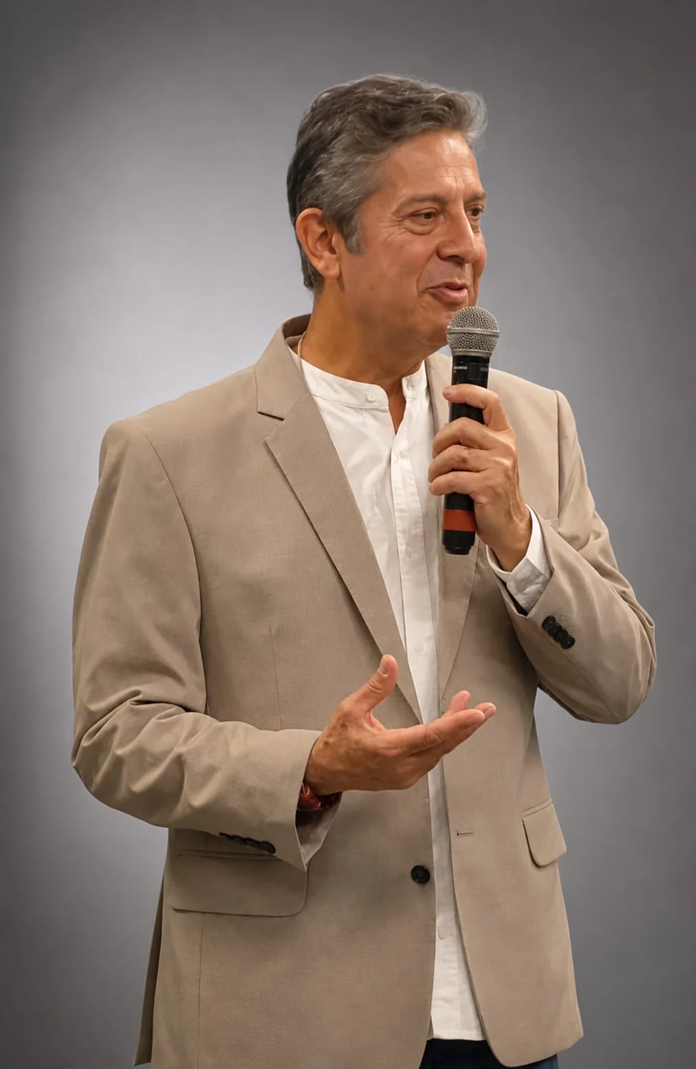 Edu Domingos de microfone na mão, falando para uma turma